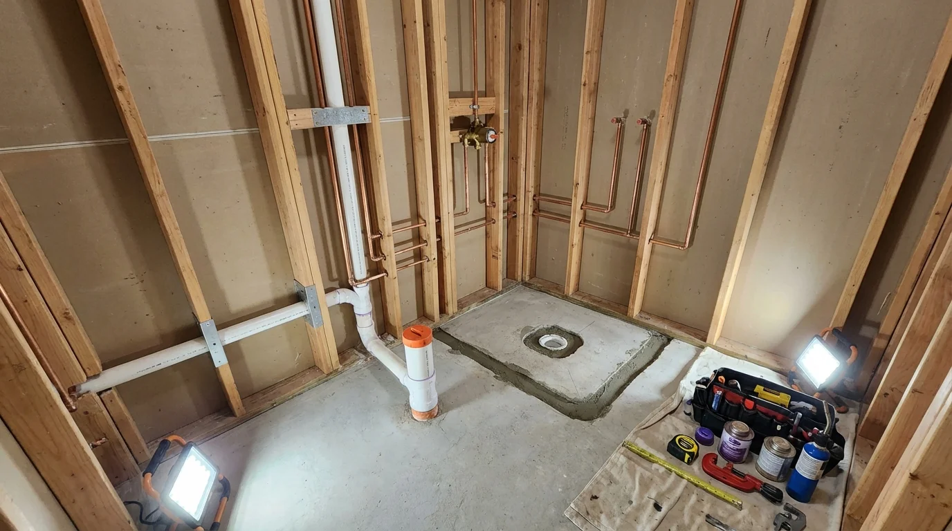 Bathroom rough-in plumbing during remodel by Johns Plumbing LLC in Tuscaloosa