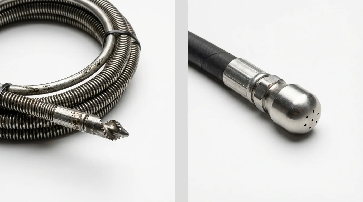 Drain snake cable and hydro jetting nozzle used for drain cleaning in Tuscaloosa, AL
