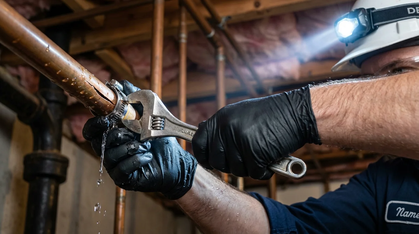 Emergency pipe clamp repair being performed by a Johns Plumbing LLC plumber in Tuscaloosa