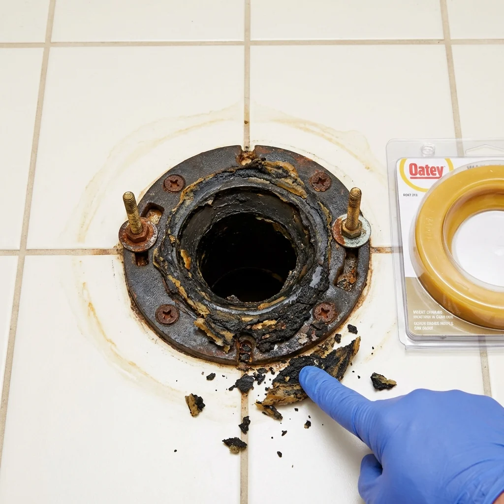 Failed wax ring showing water seepage at the base of a toilet in a Tuscaloosa, AL home