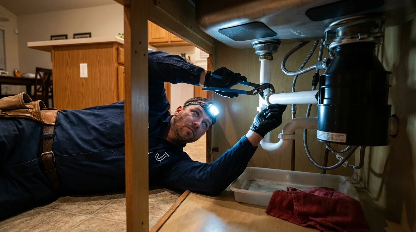 P-trap and supply line connections under a kitchen sink showing a common leak point in Tuscaloosa, AL
